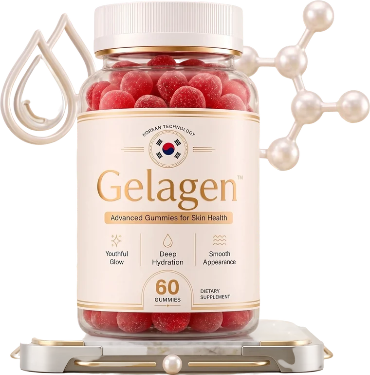 A bottle of Gelagen skin gummies